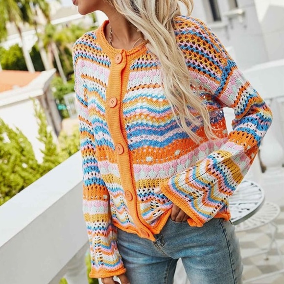 Women’s Orange Multi Hollow Open Knit Cardigan sz large - Picture 2 of 5
